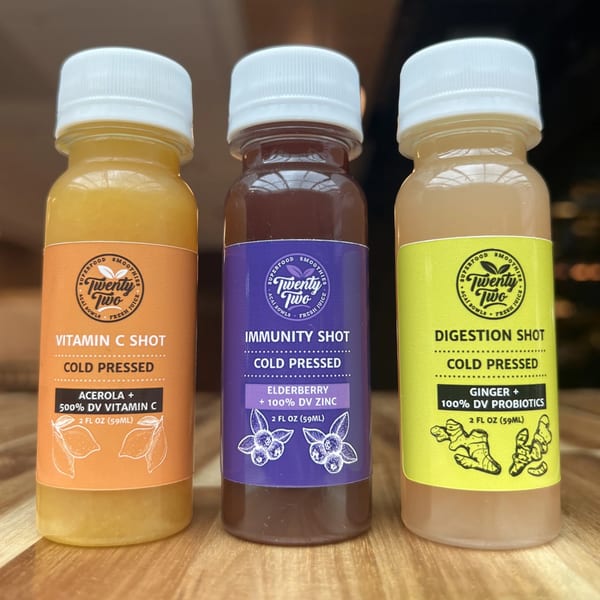 Three Twenty Two Juice Bar cold-pressed shots: Vitamin C, Immunity, and Digestion.