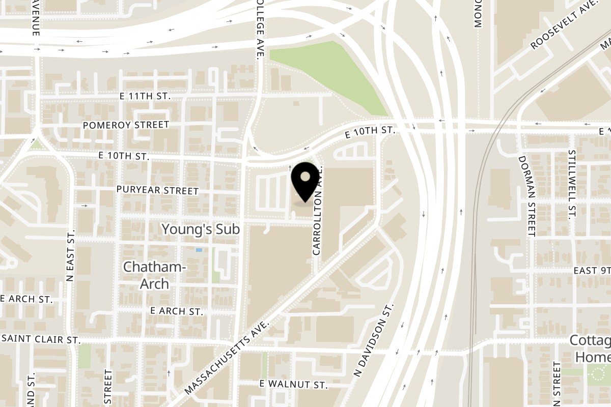 Map showing the location of Twenty Two Juice Bar The Garage Food Hall on 906 Carrollton Ave in Indianapolis